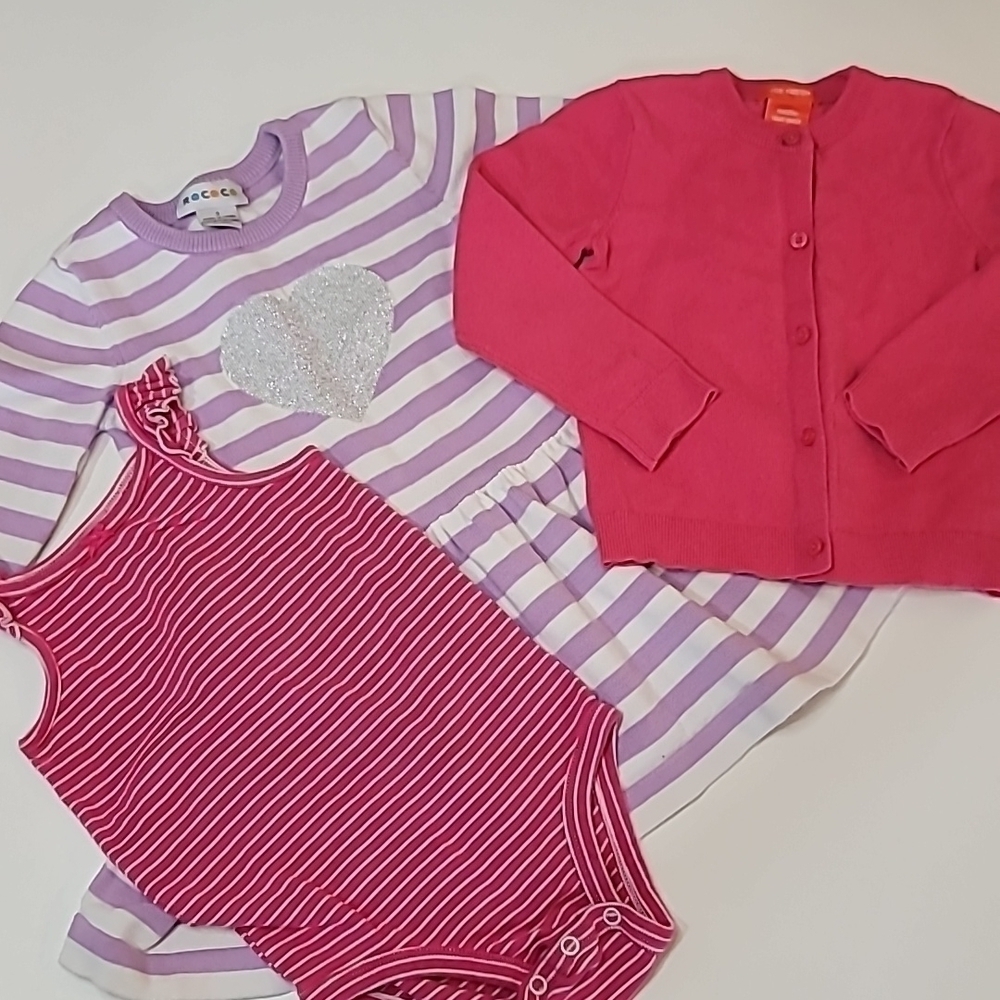 5/$30 ROCOCO Knit Heart Dress+ JOE FRESH cardigan + CARTER'S Striped Bod…